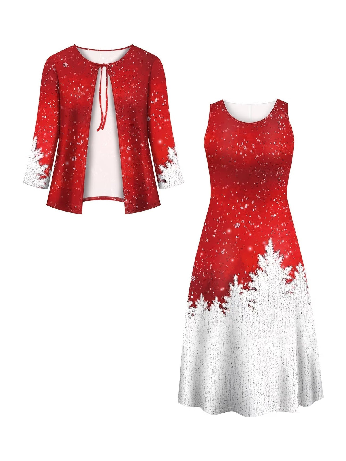 Elegant Layered Two-Piece Midi Dress Set with Tie-Front Cardigan – Flowy Printed Everyday & Occasion Wear