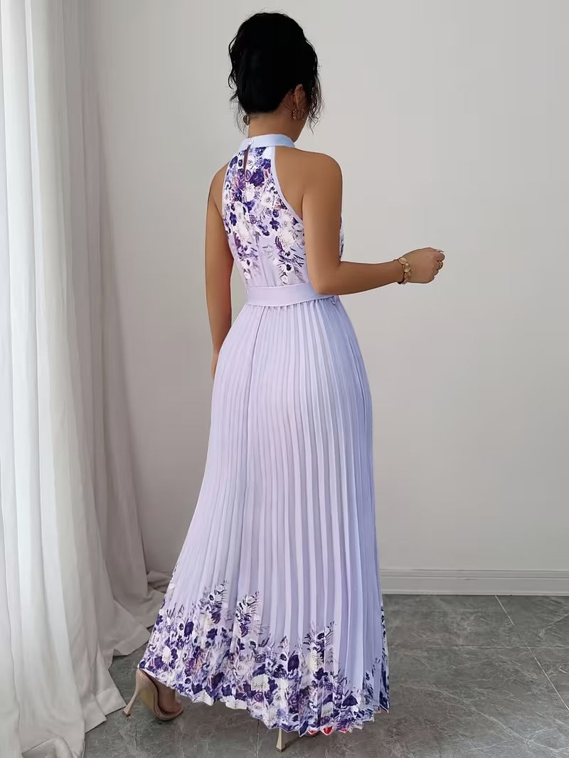 Elegant Floral Halter Neck Pleated Dress – Stylish & Comfortable Summer Outfit for Women