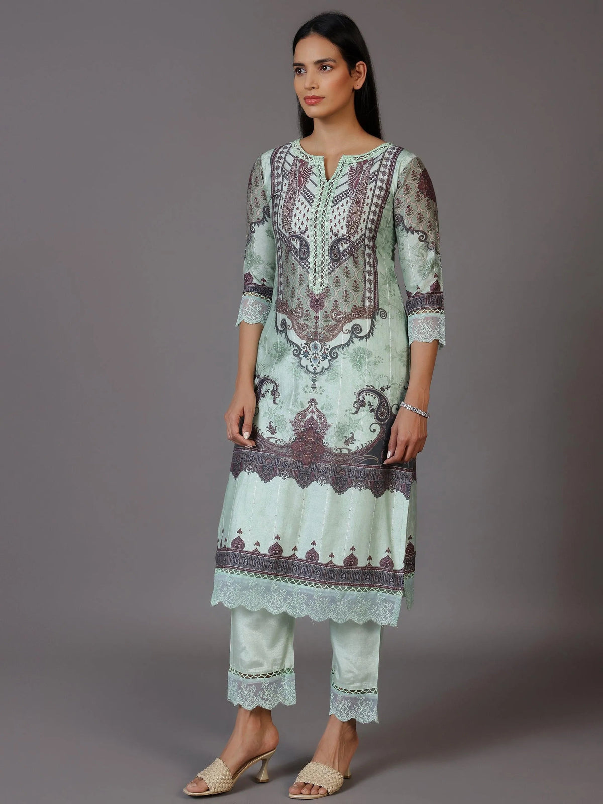 Anouk Green Printed Silk Blend Pakistani Suit