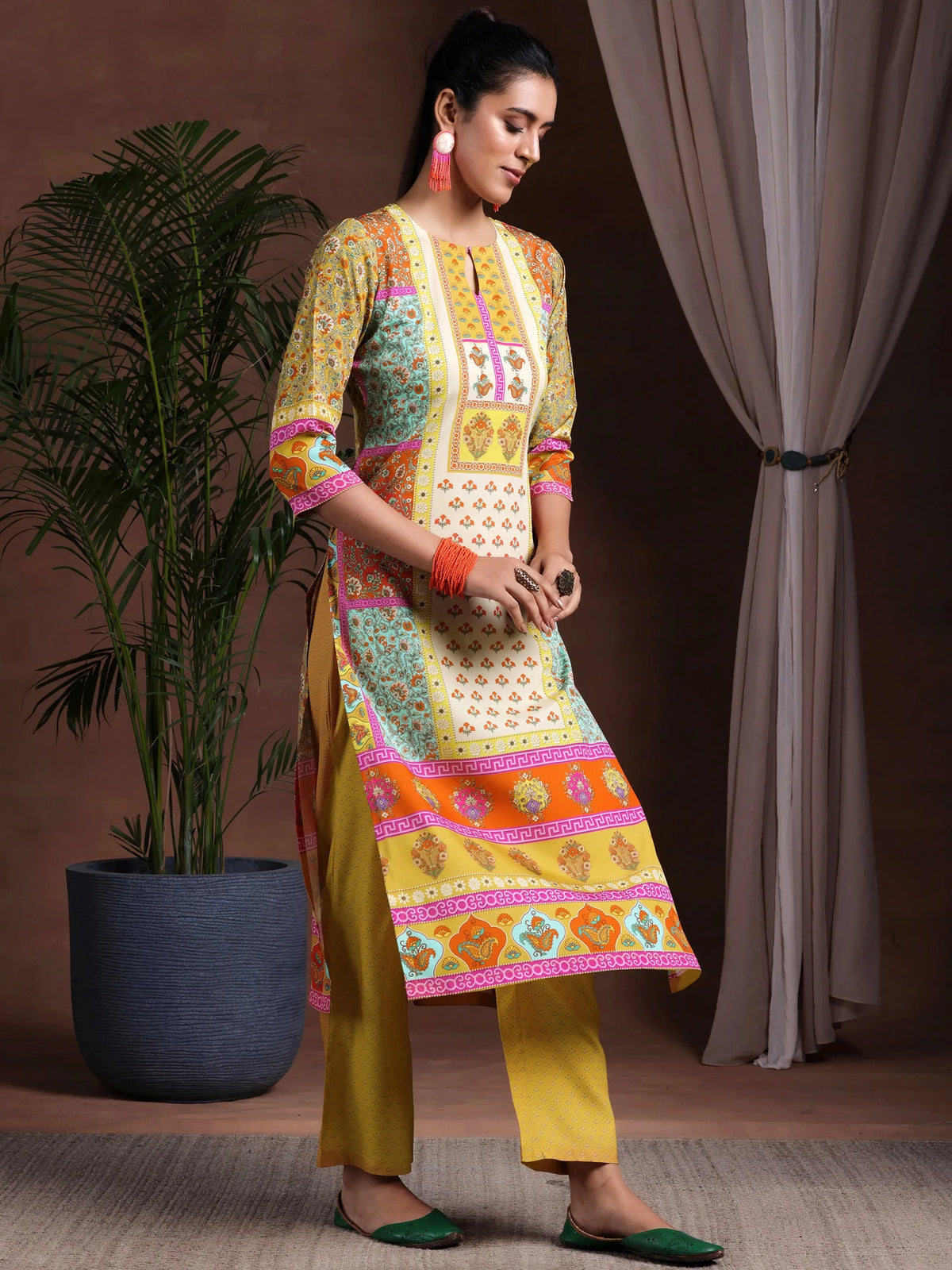 Anouk Mustard Printed Poly Crepe Straight Suit With Dupatta