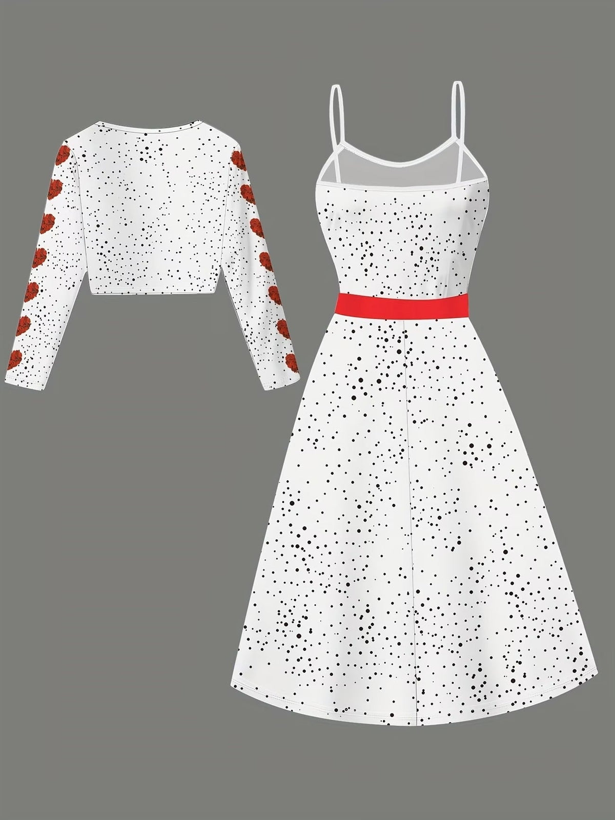 Women’s Elegant Heart Print Dress with Short Cardigan Jacket – Stylish 2 Piece Set