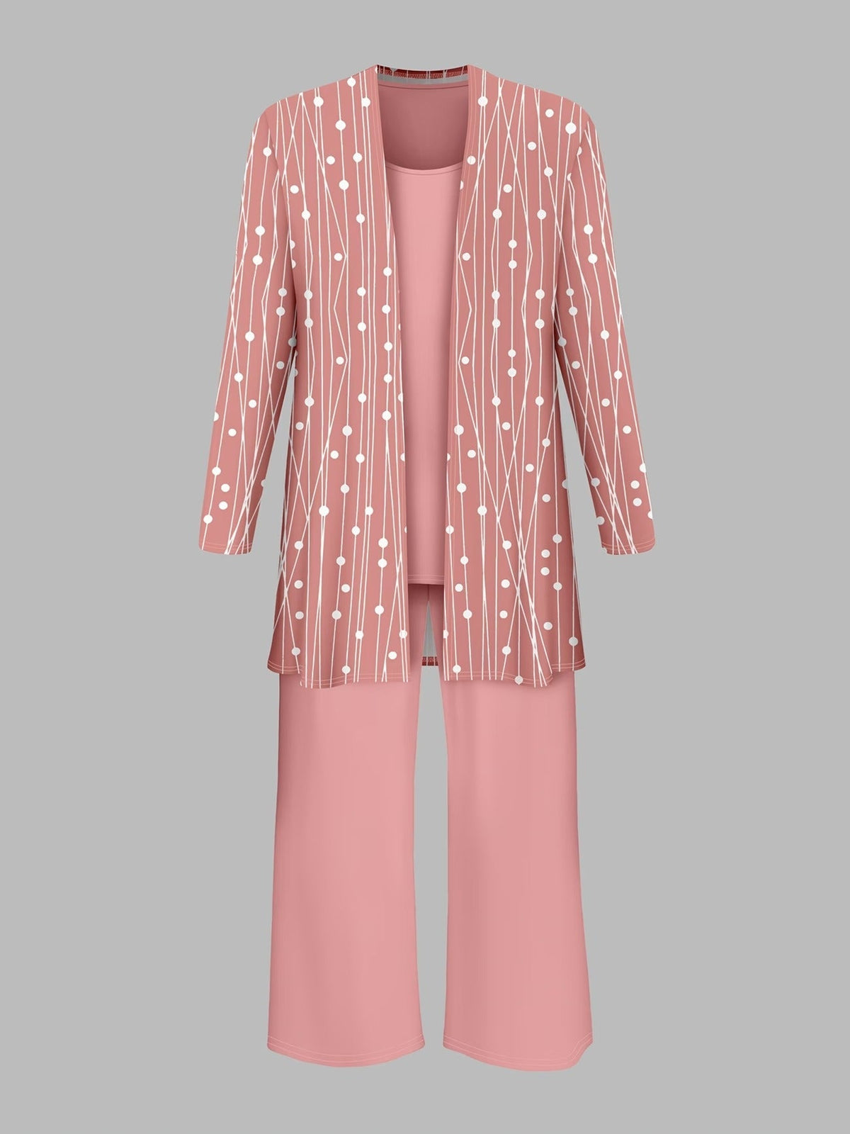 Elegant Polka Dot Cardigan Coat with Solid Suspender Top & Casual Trousers – Stylish 3-Piece Women’s Set