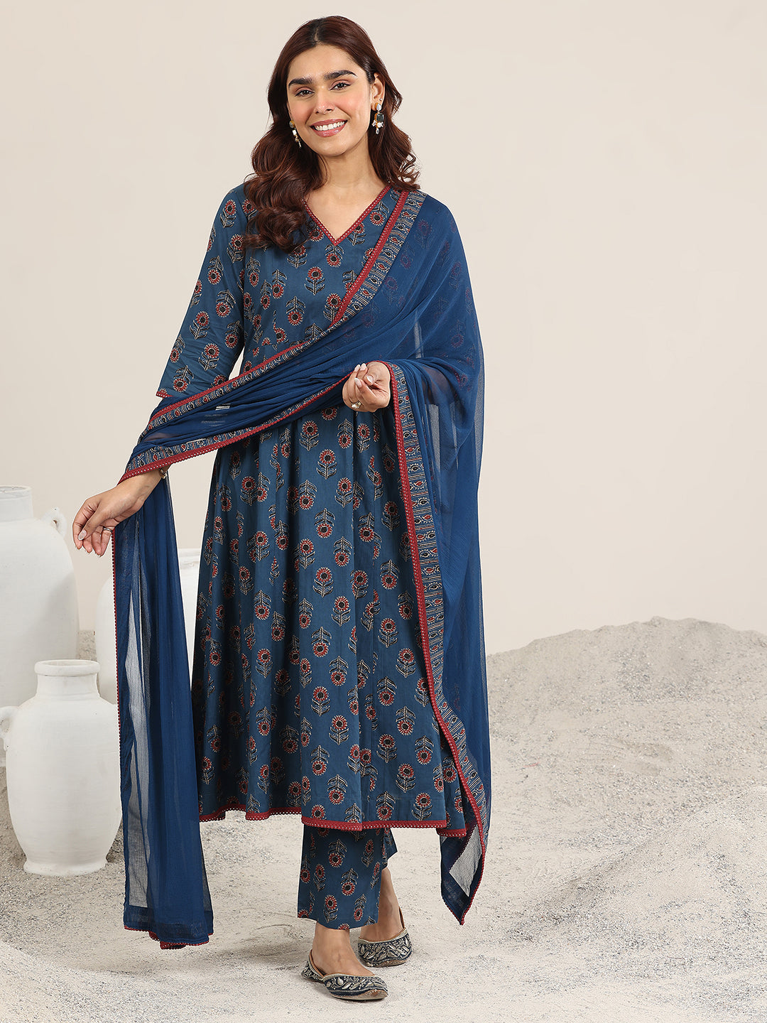 Anouk Navy Blue Printed Cotton A-Line Suit With Dupatta