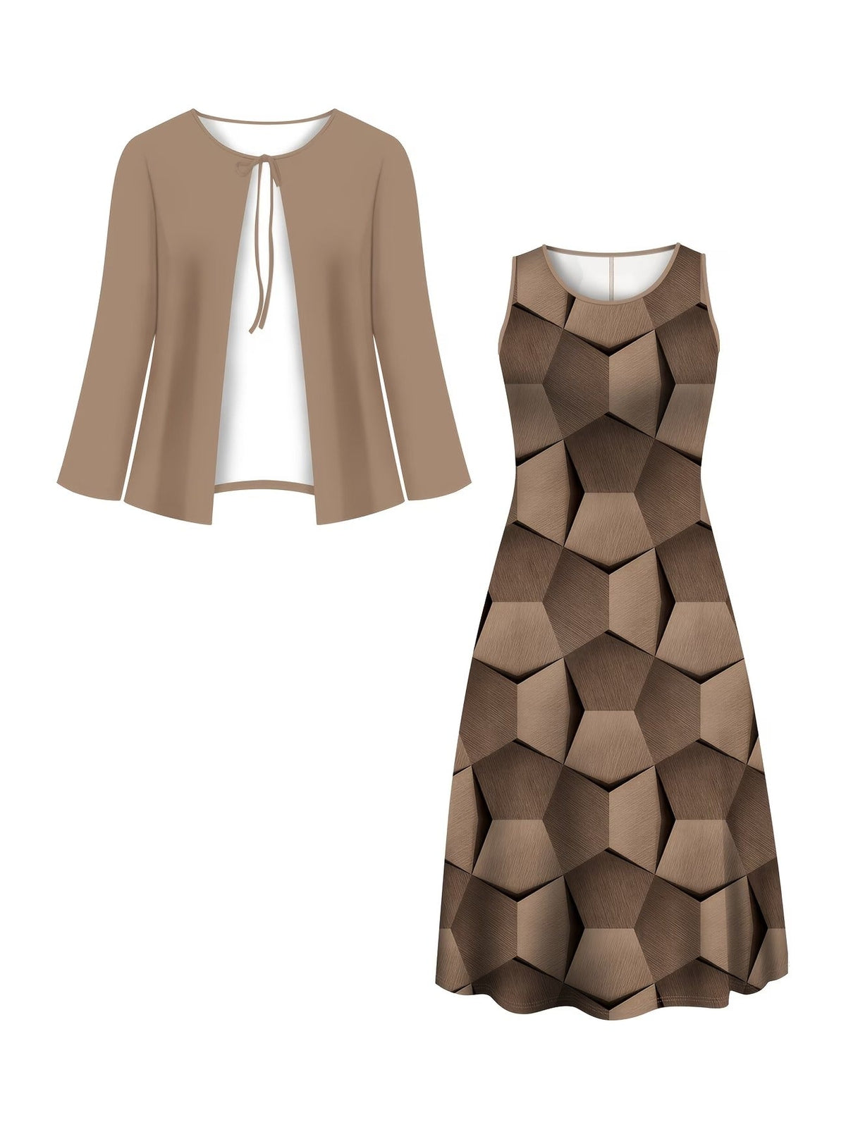 Elegant Layered Two-Piece Midi Dress Set with Tie-Front Cardigan – Flowy Printed Everyday & Occasion Wear