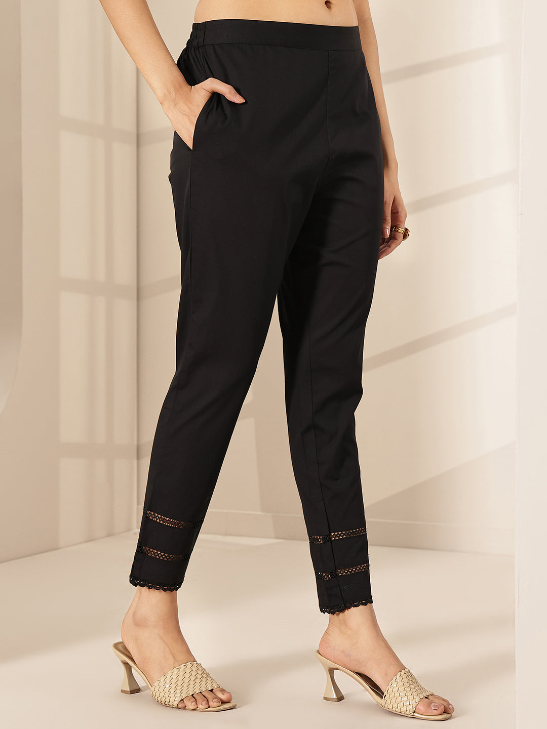 Anouk Black Solid Cotton Trousers