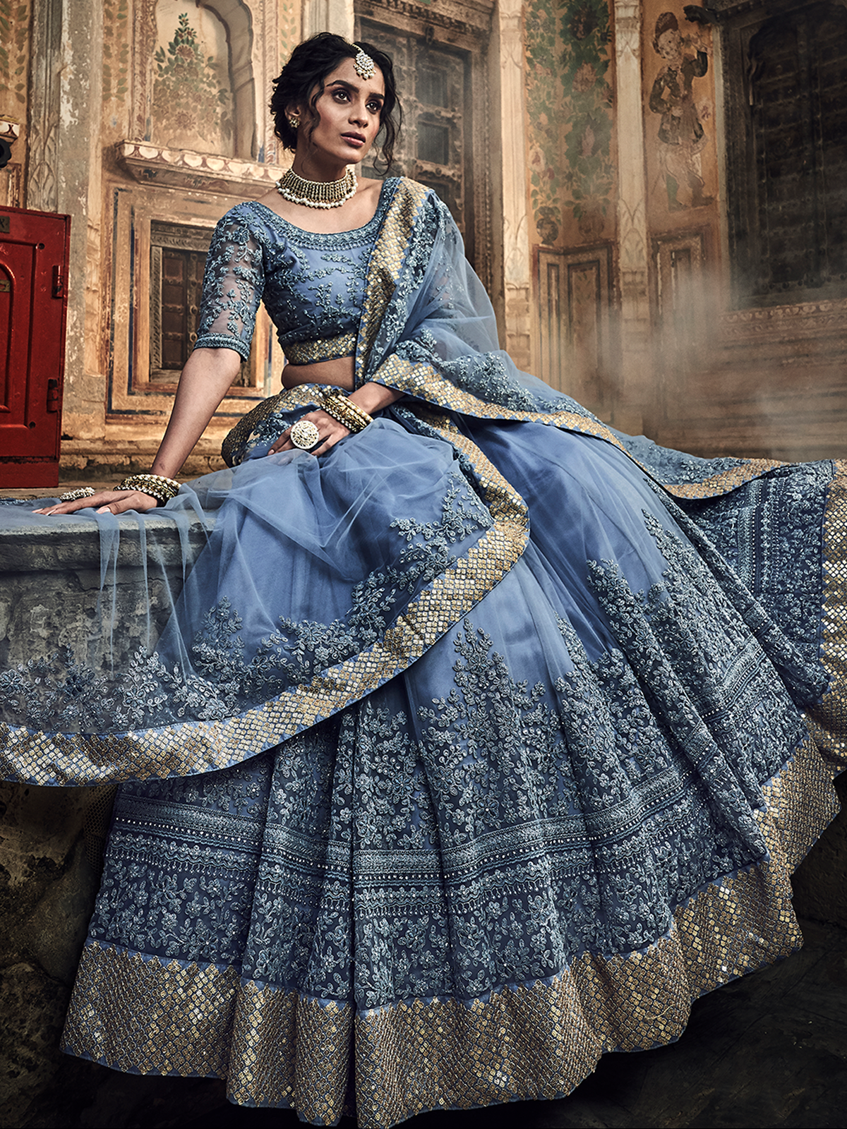 Grey Embroidered Soft Net Semi Stitched Lehenga With Unstitched Blouse