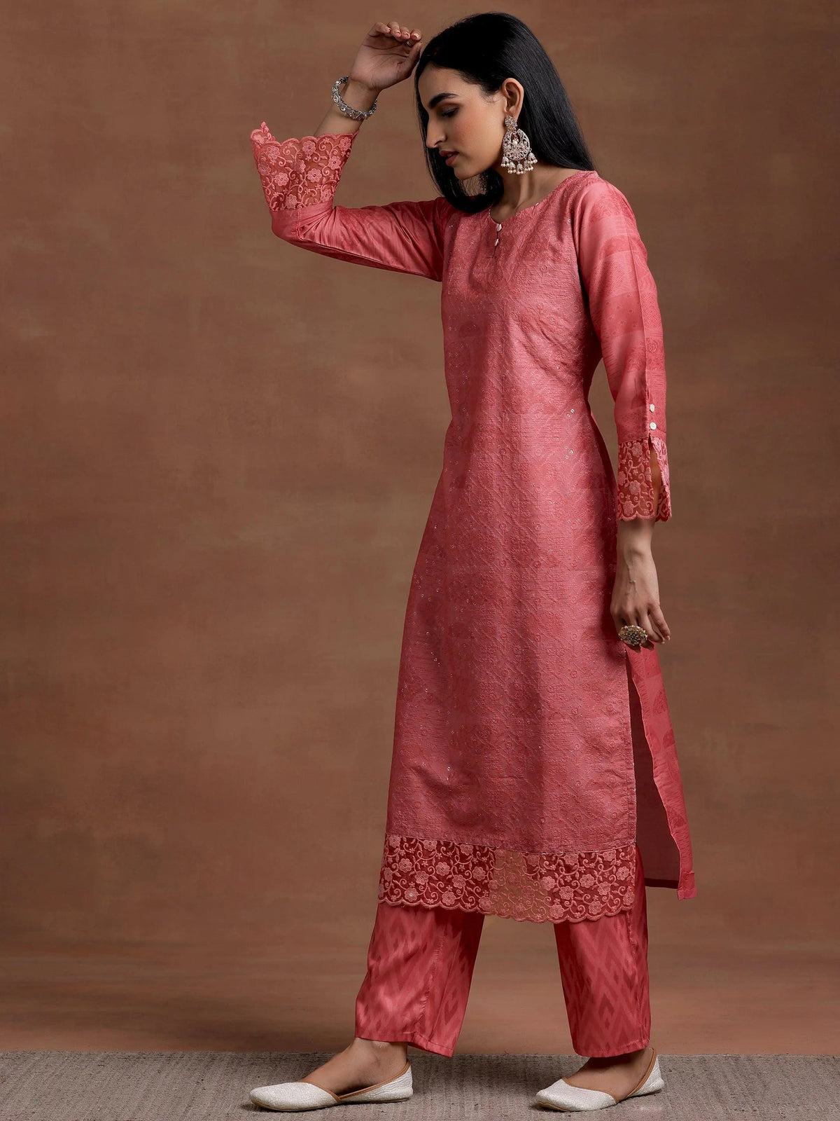 Anouk Peach Embroidered Silk Blend Straight Suit With Dupatta