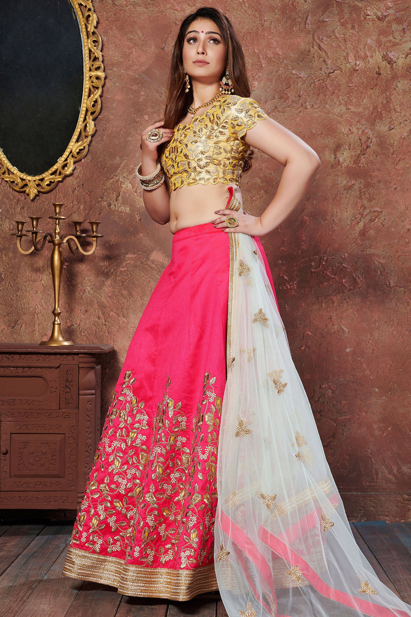 Stunning Hot Pink Thread Embroidered Mulberry Silk Bridal Lehenga Choli