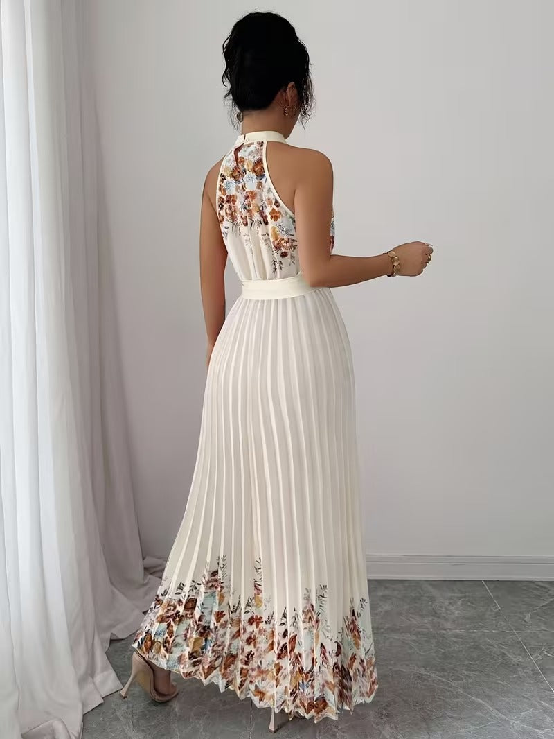 Elegant Floral Halter Neck Pleated Dress – Stylish & Comfortable Summer Outfit for Women