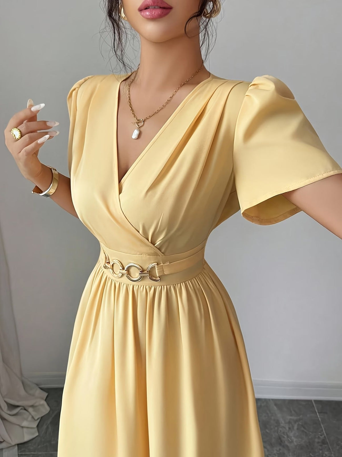 Elegant Waist Button Detail Dress – Chic Casual Everyday Outfit for Women