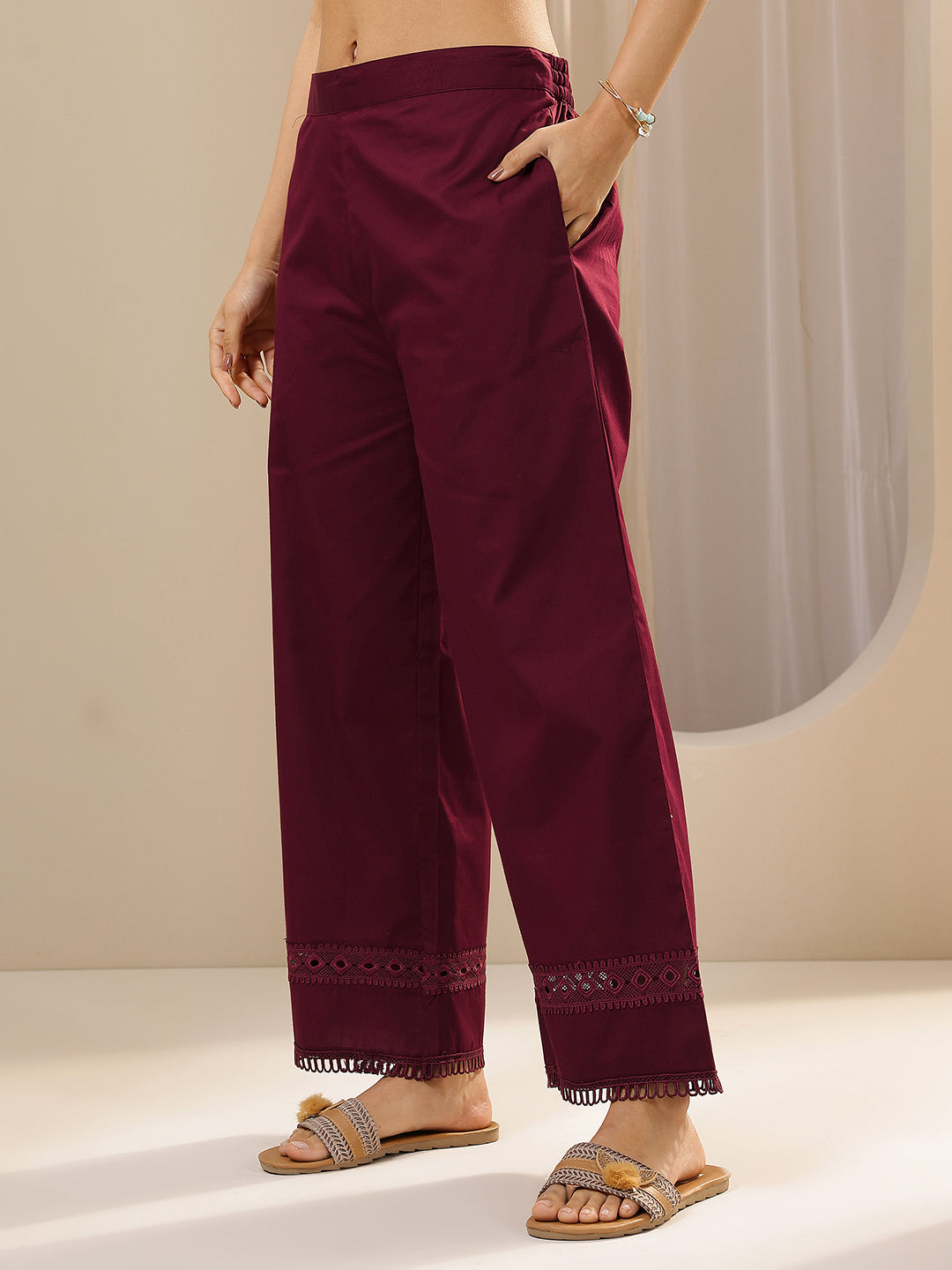 Anouk Maroon Solid Cotton Palazzos
