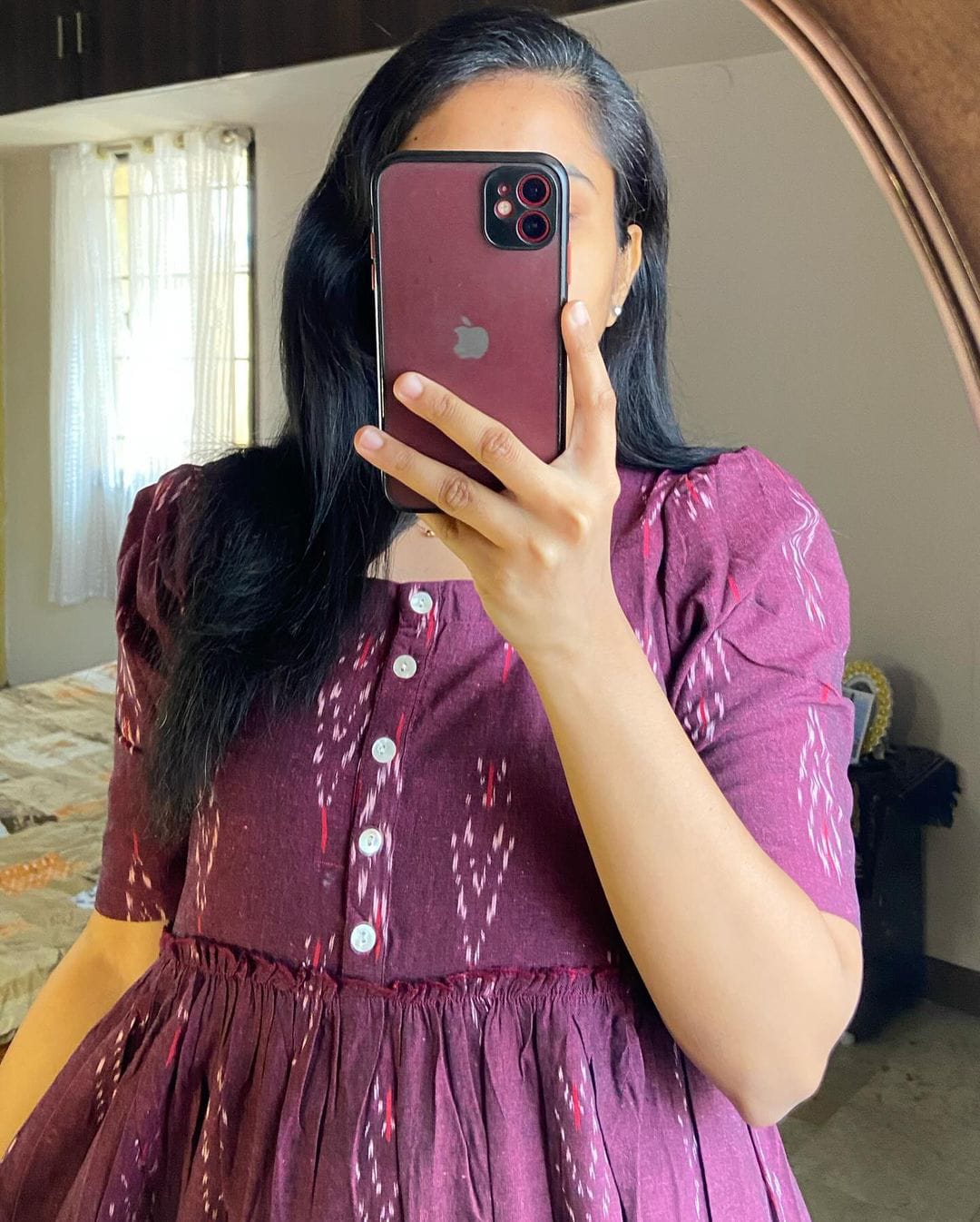 Maroon Ikat Cotton Middy Dress