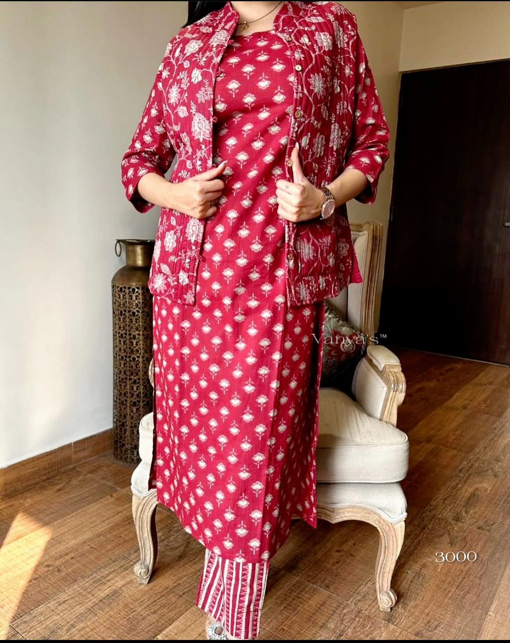 Cotton Kurti Pant Set with Warm Quilted Jacket