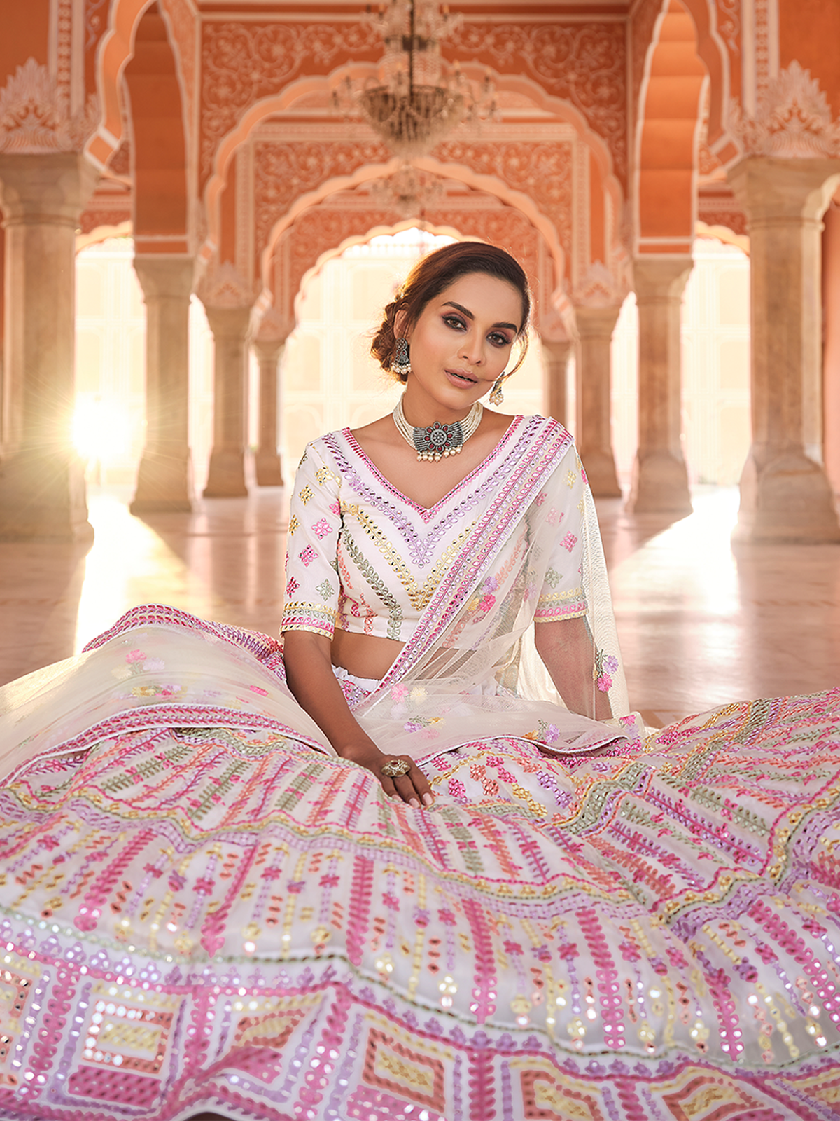 White Embroidered Organza Semi Stitched Lehenga With Unstitched Blouse