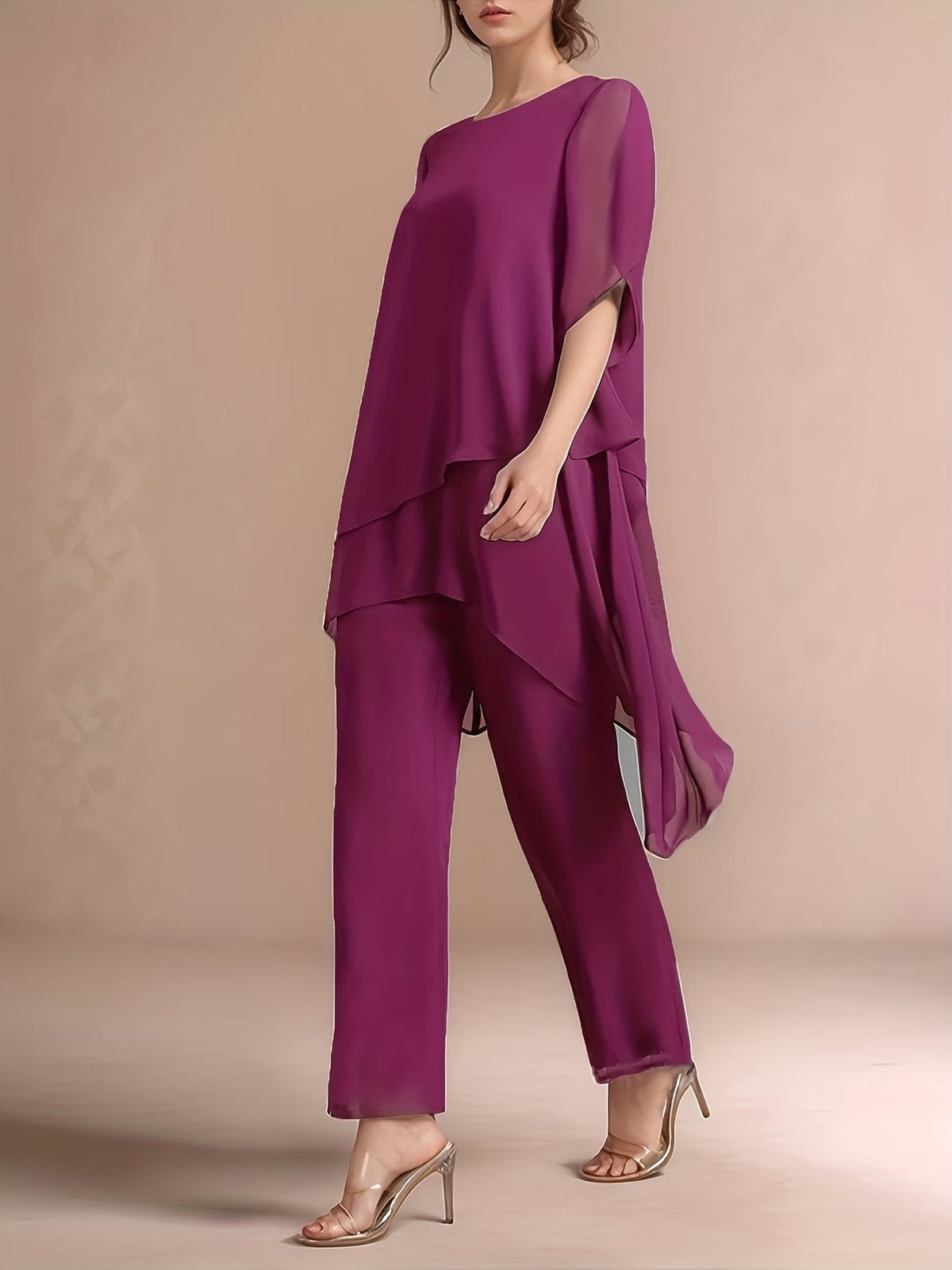 Women'S Chiffon Short Sleeve 2pcs Set Solid Color Irregular Elegant Party Fashion Suit