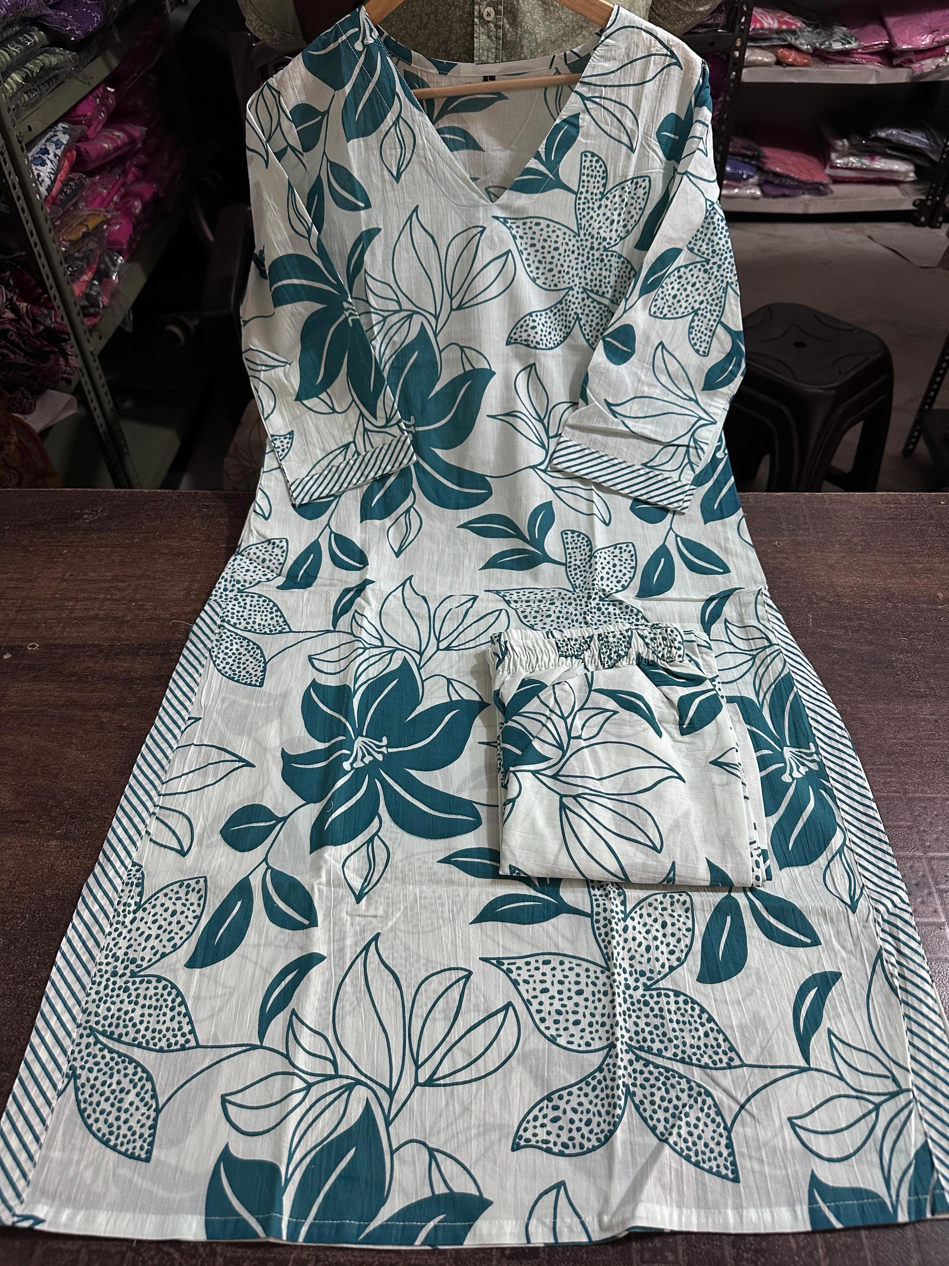 Floral Cotton Kurta Pant Palazzo Set | 60*60 Cotton, 46" Kurta, 37" Pant