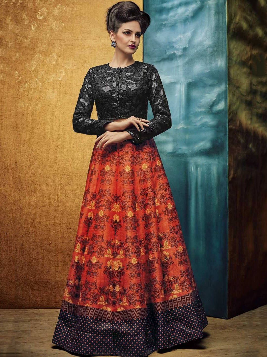 Orange and Black Color Partywear Silk Lehenga Choli