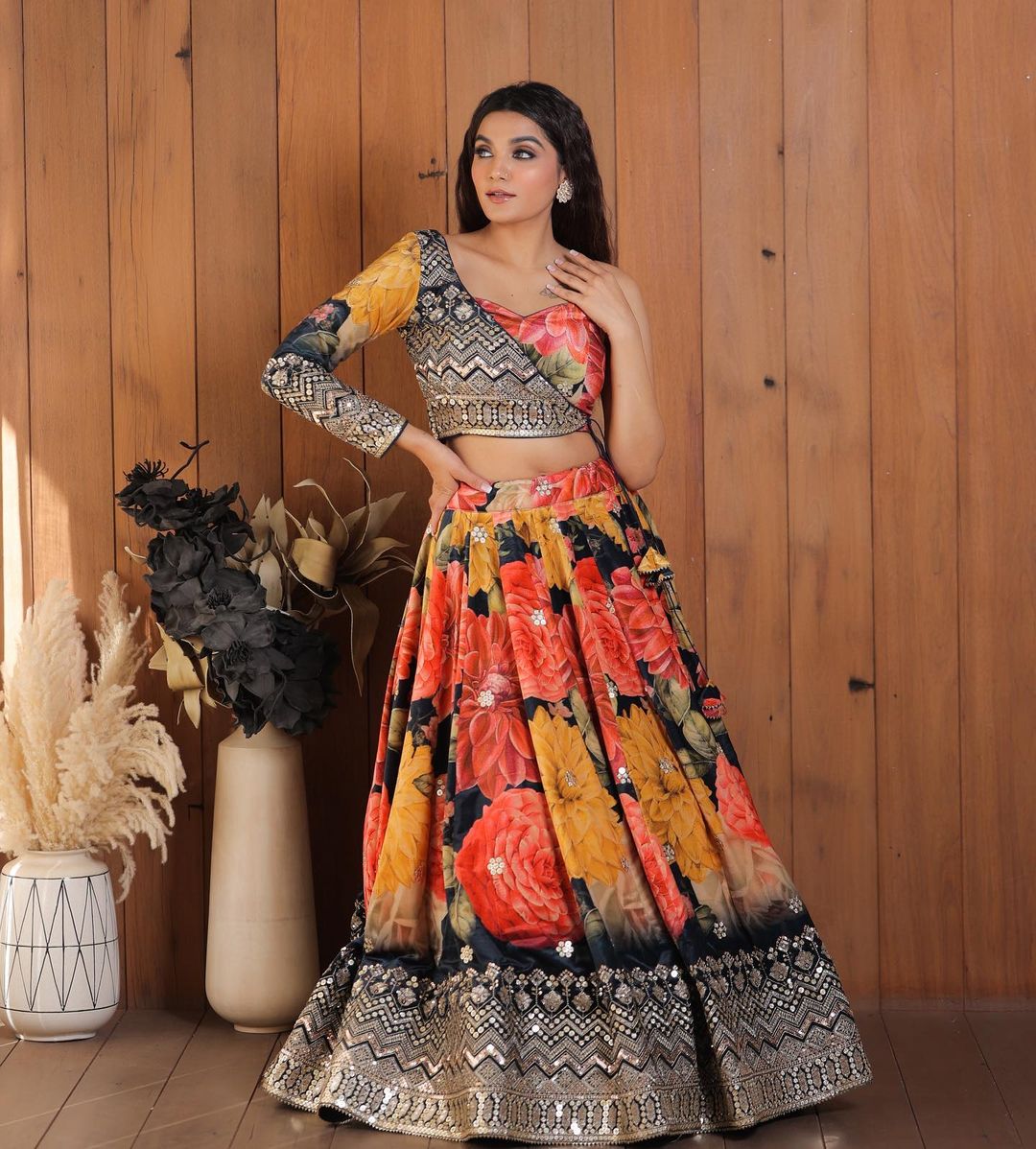 Stylist Multi Color Lehenga Choli With One Side Sleeve Shrug