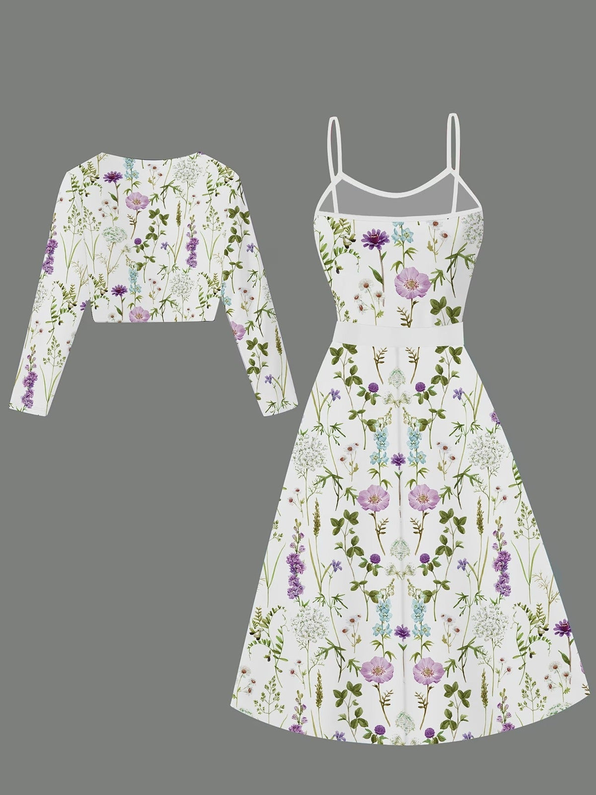 Elegant Floral Slip Dress with Belted Cropped Jacket – Chic Two-Piece Women’s Outfit