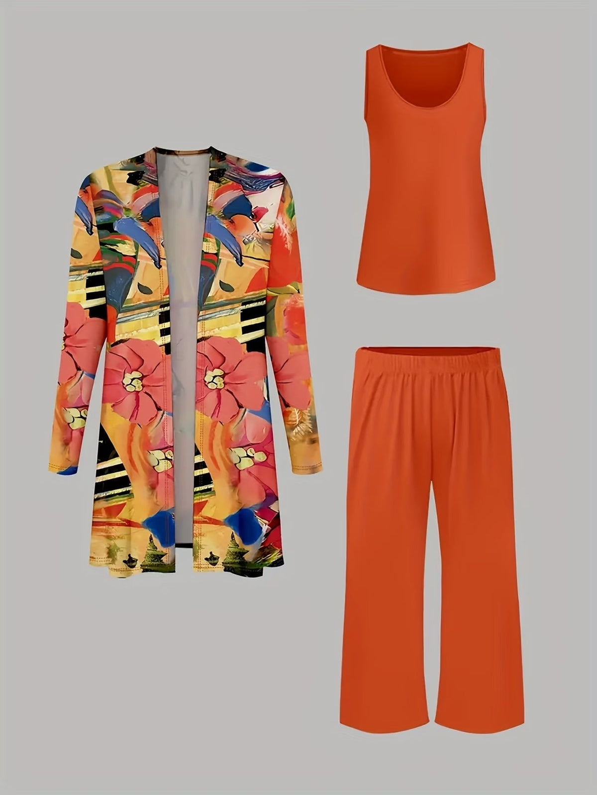 Women’s Stylish 3-Piece Set – Solid Cardigan, Casual Vest & Printed Palazzo Pants