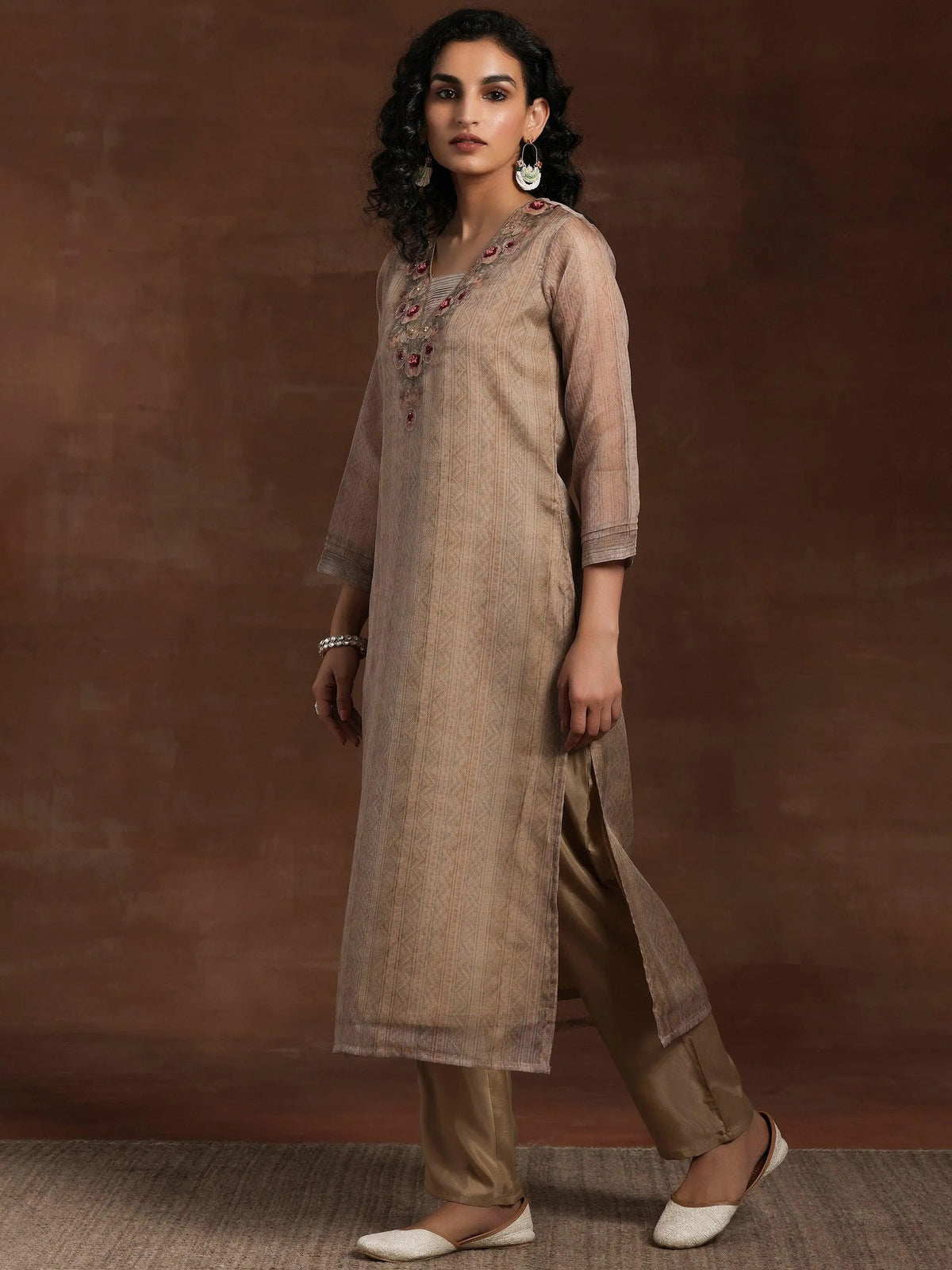 Anouk Tan Printed Organza Straight Suit With Dupatta