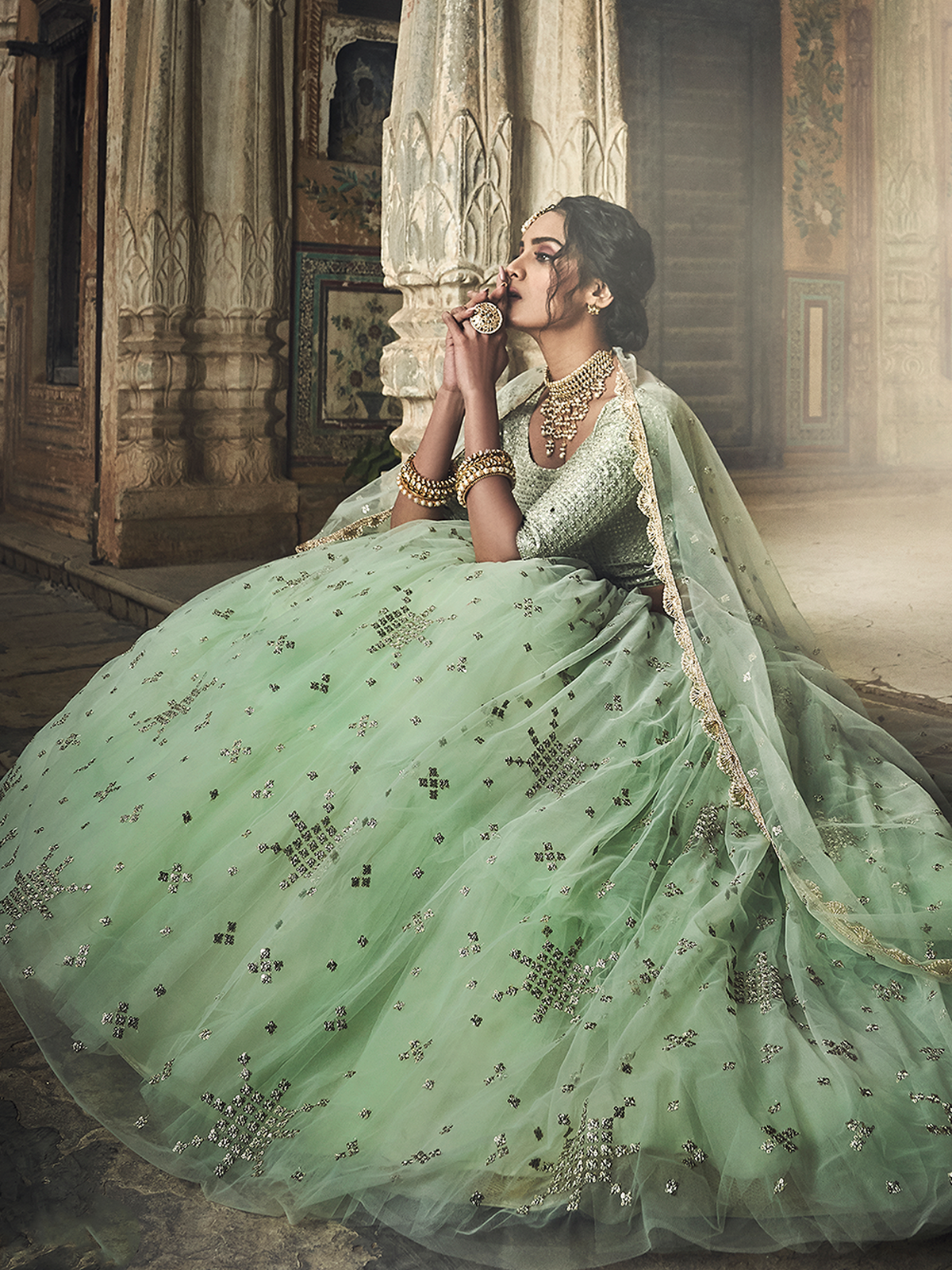 Sea Green Sequins, Zari Semi Stitched Lehenga With Unstitched Blouse