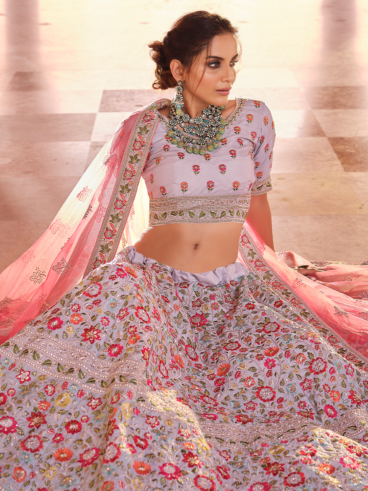 Grey Embroidered Crepe Semi Stitched Lehenga With Unstitched Blouse