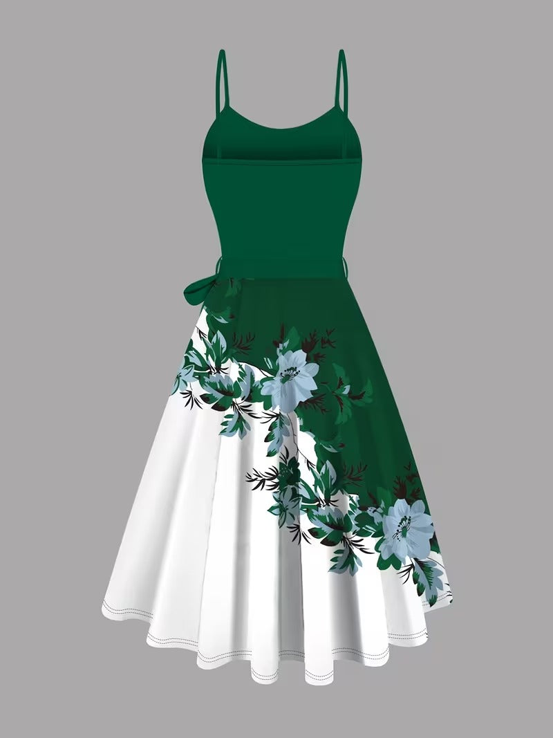 Elegant 2-Piece Women’s Outfit | Blue Cardigan Jacket with Floral Suspender Dress Set