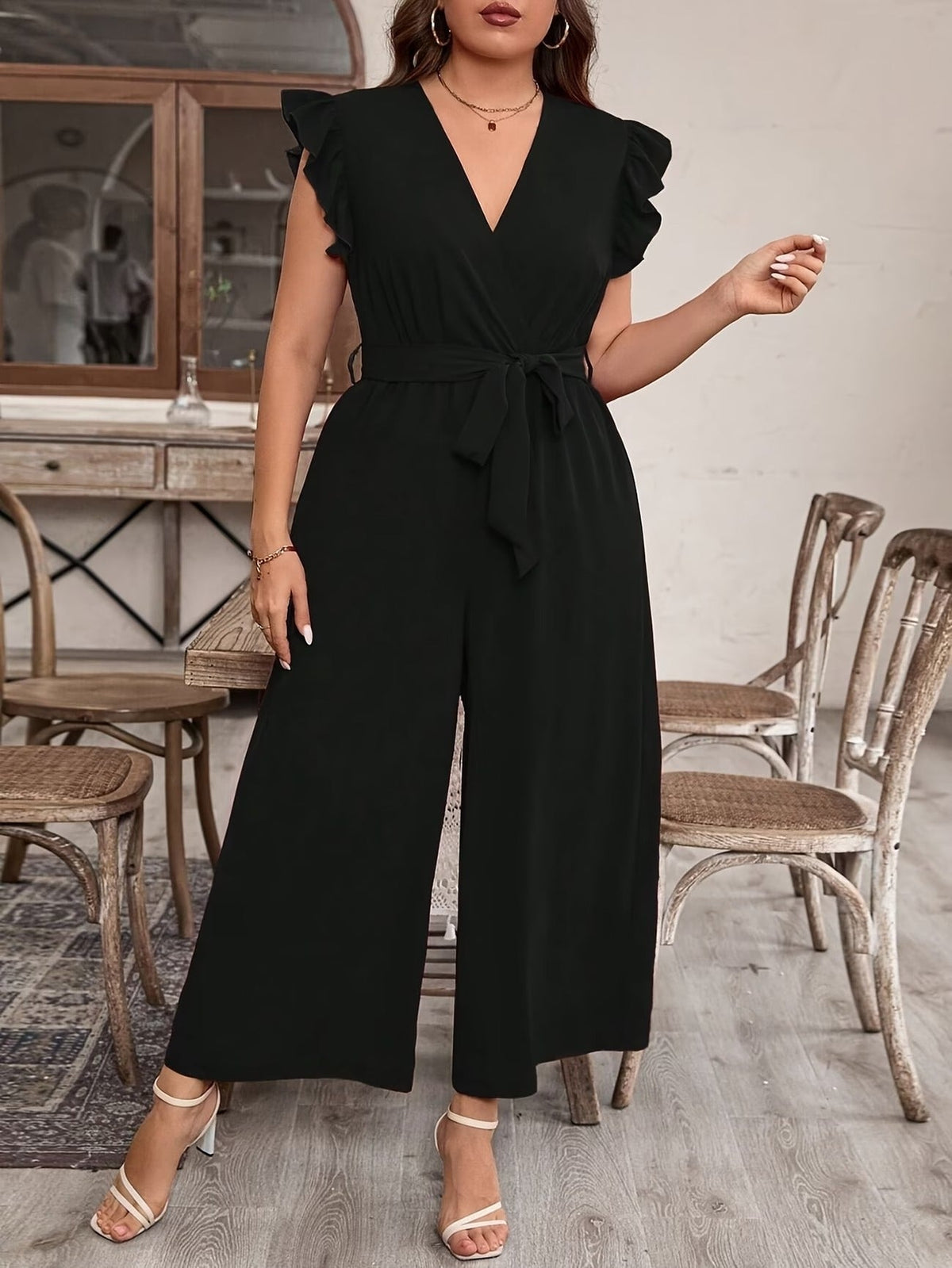 Elegant Ruffle V-Neck Belted Bodysuit – Solid Color Chic Women’s Top