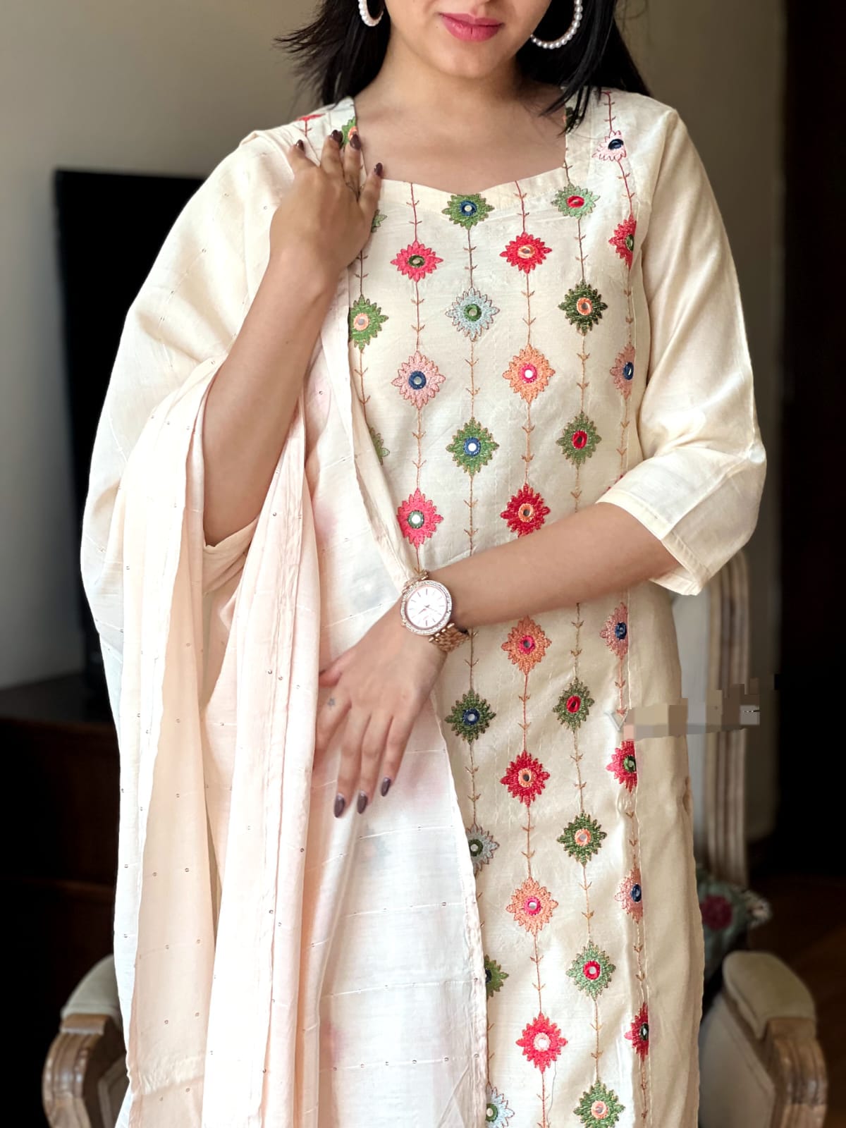 Cream Colored Cotton Embroidered Suit Set with Self-Zari Dupatta