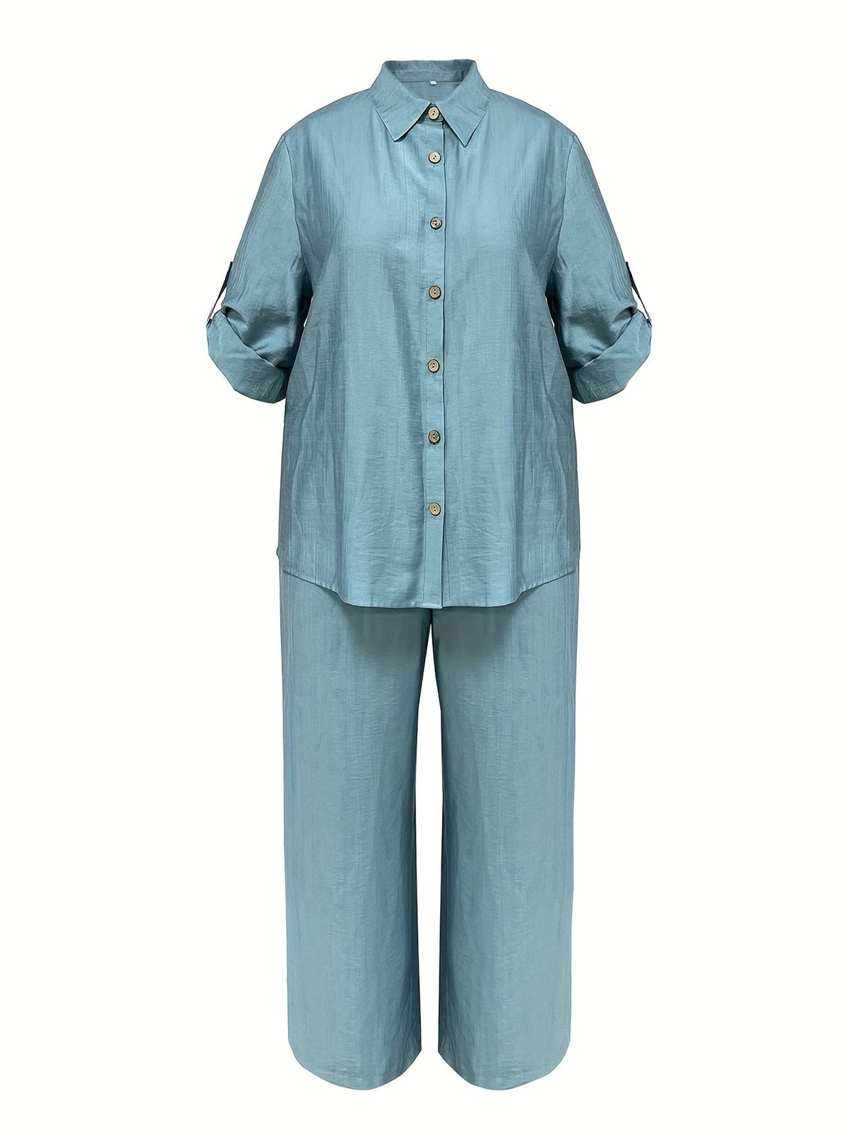Plus Size Women’s Casual Two-Piece Co-Ord Set – Breathable Shirt & Straight-Leg Pants for Spring & Autumn Comfort