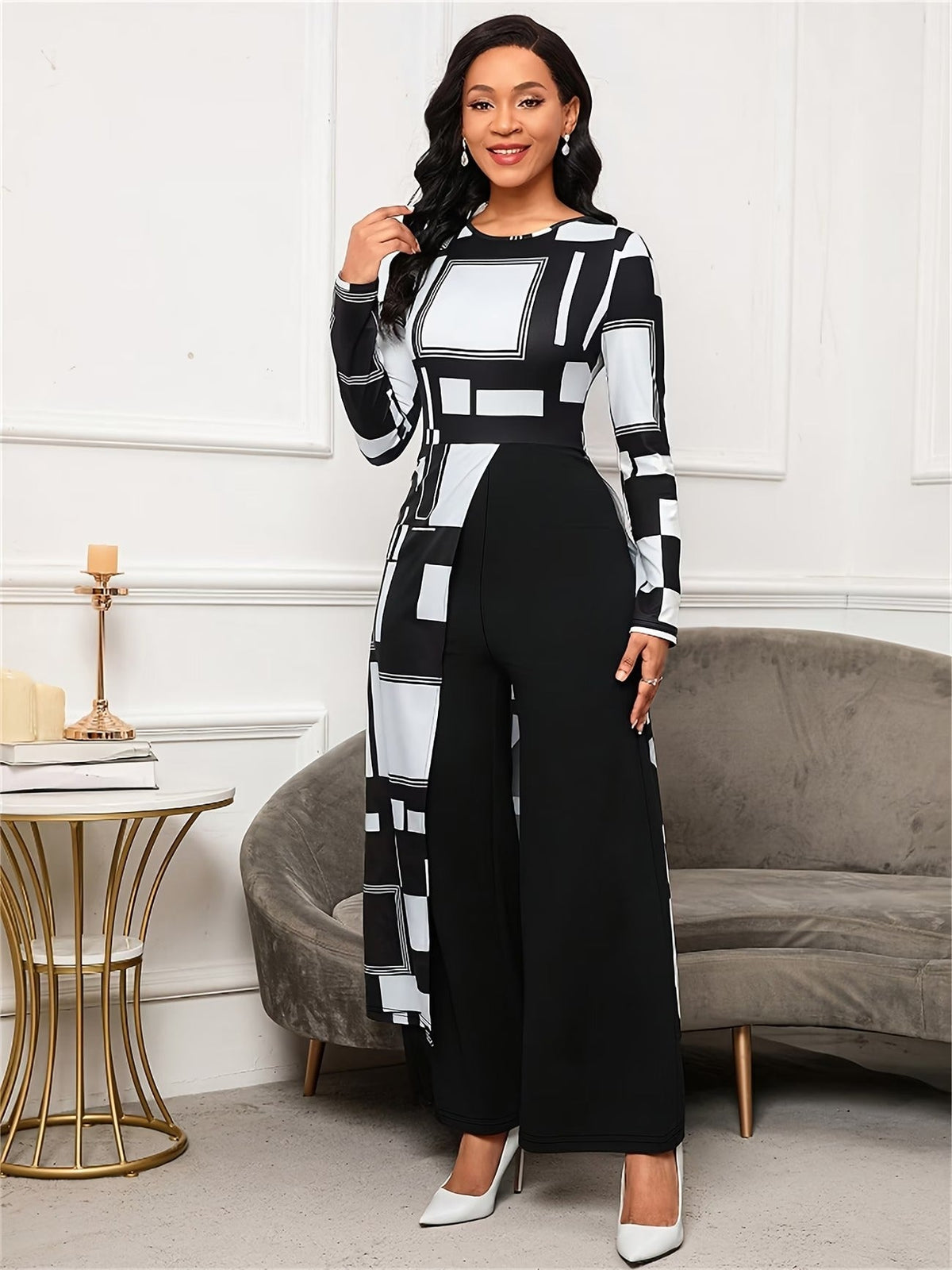 Chic Geometric Print Asymmetrical Jumpsuit – Long Sleeve Wide-Leg Elegant Commuter Wear