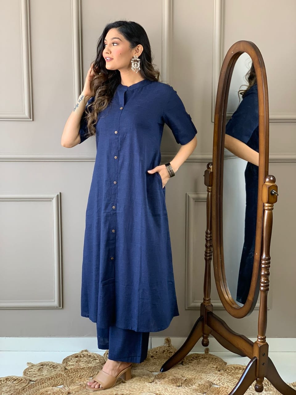 Cotton Slub A-Line Kurti and Palazzo Set