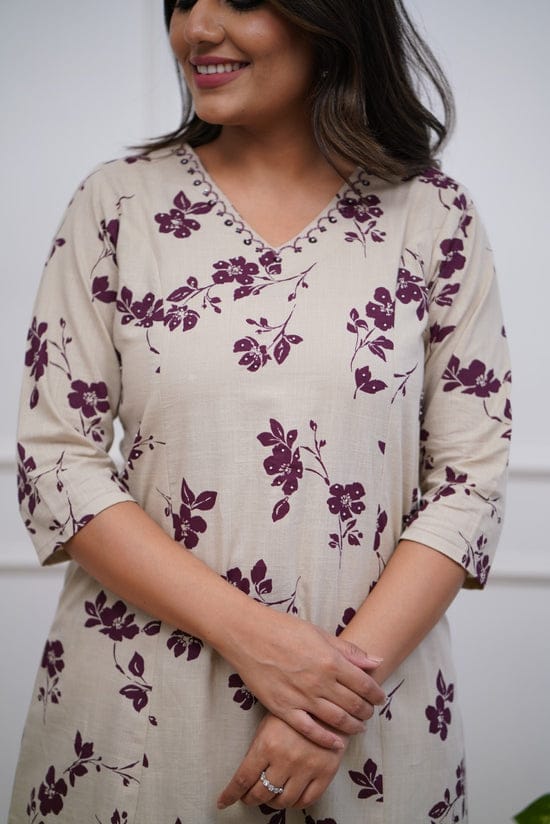 Cotton Printed Kurti with Neck Embroidery & Matching Plazo Set