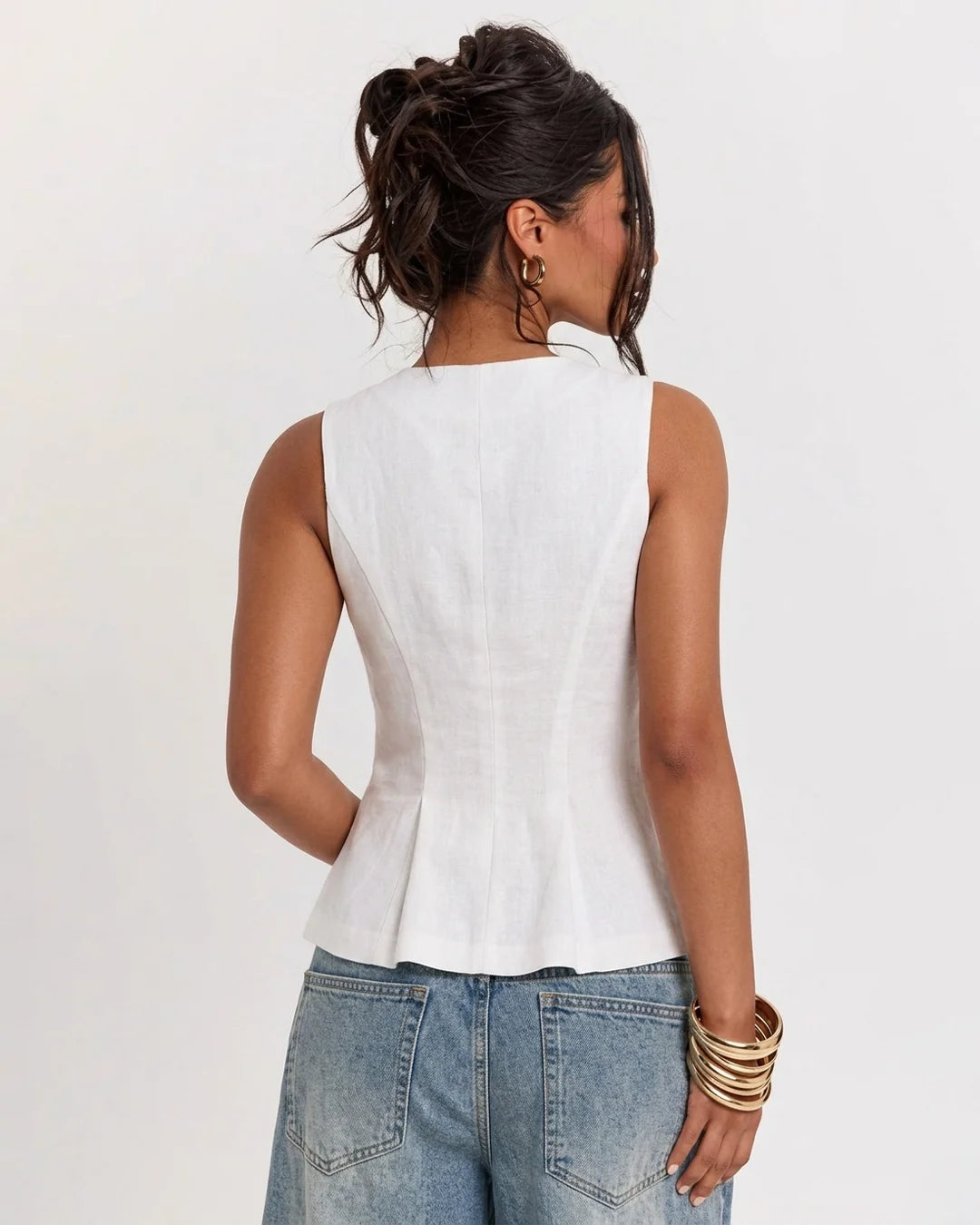 Front Zipper Round Neck Sleeveless Peplum Top in Off White