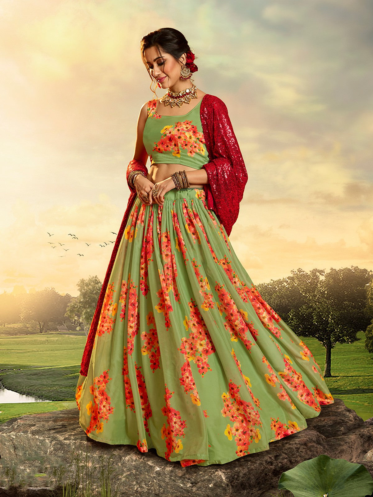 Beautiful Red Semi Stitched Lehenga With Unstitched Blouse