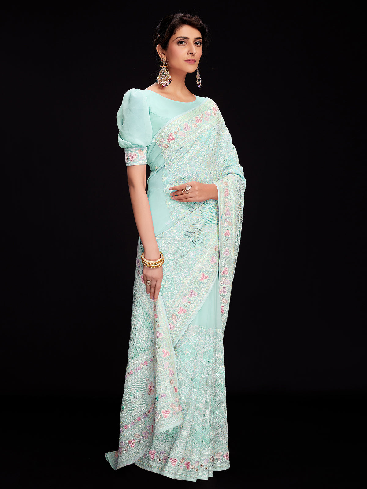Light Blue Georgette Embellished Saree With Unstitched Blouse
