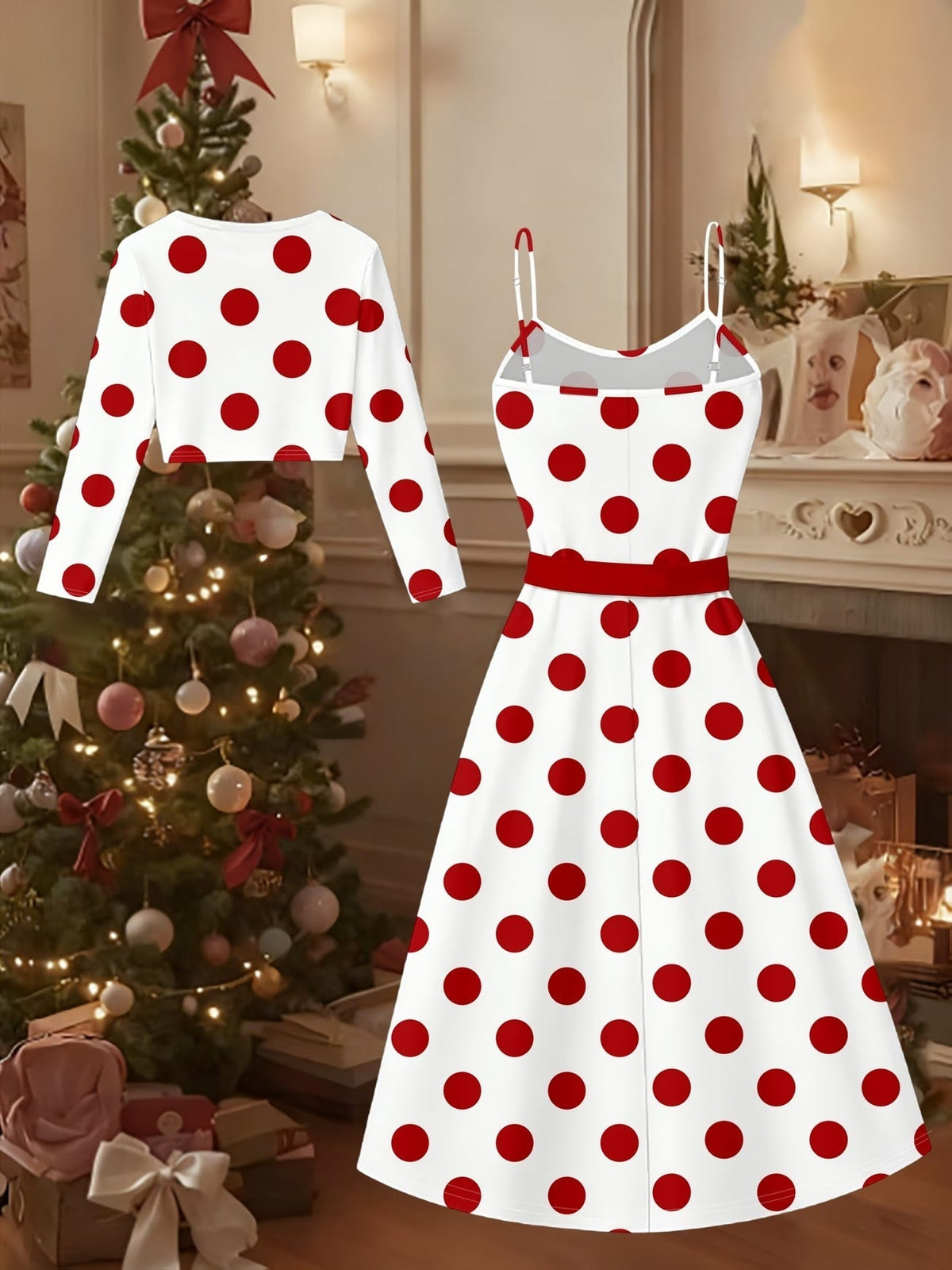 Women’s Elegant Polka Dot Dress with Open Front Jacket & Belt – Stylish 2 Piece Outfit Set