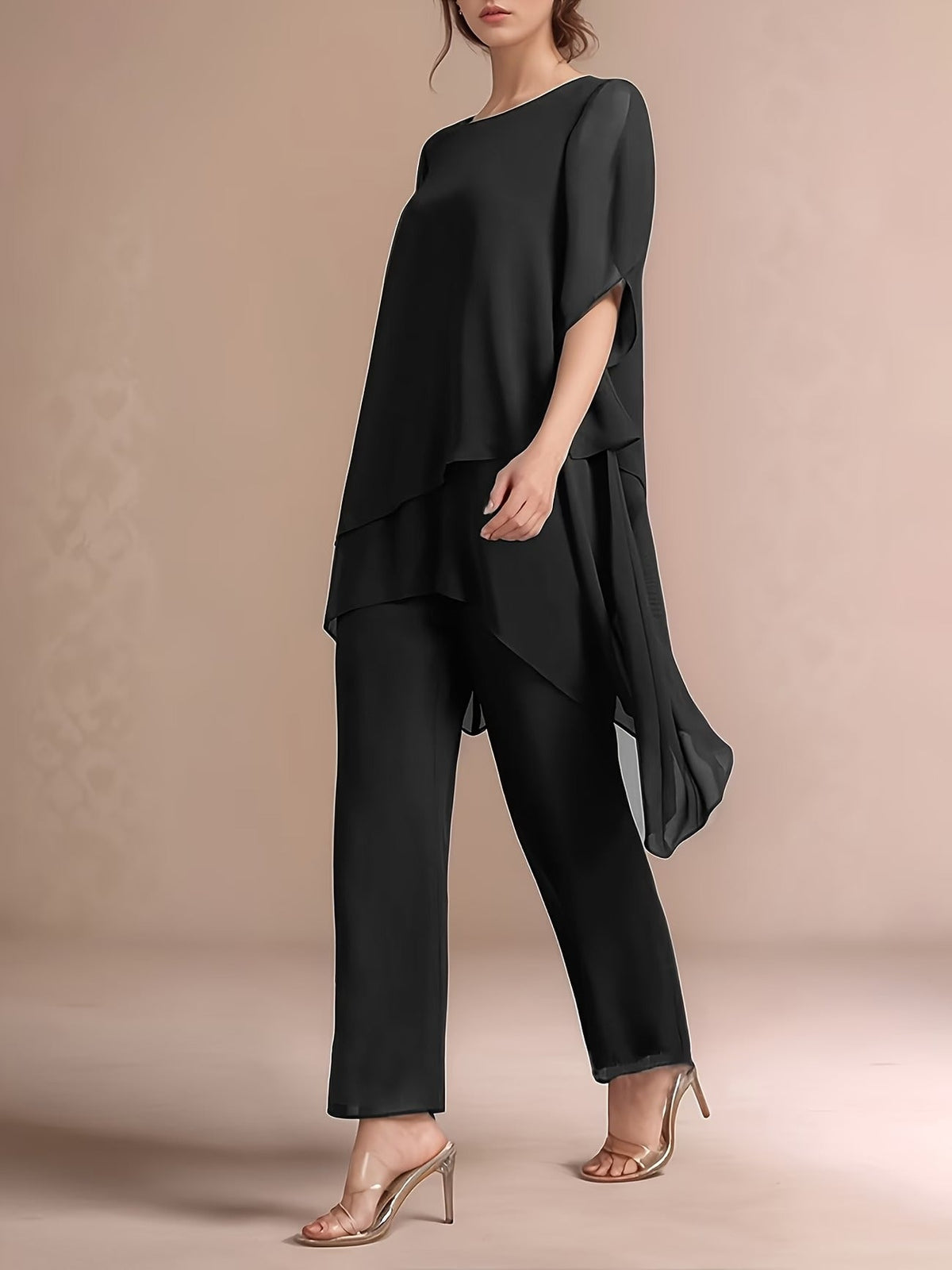Women'S Chiffon Short Sleeve 2pcs Set Solid Color Irregular Elegant Party Fashion Suit