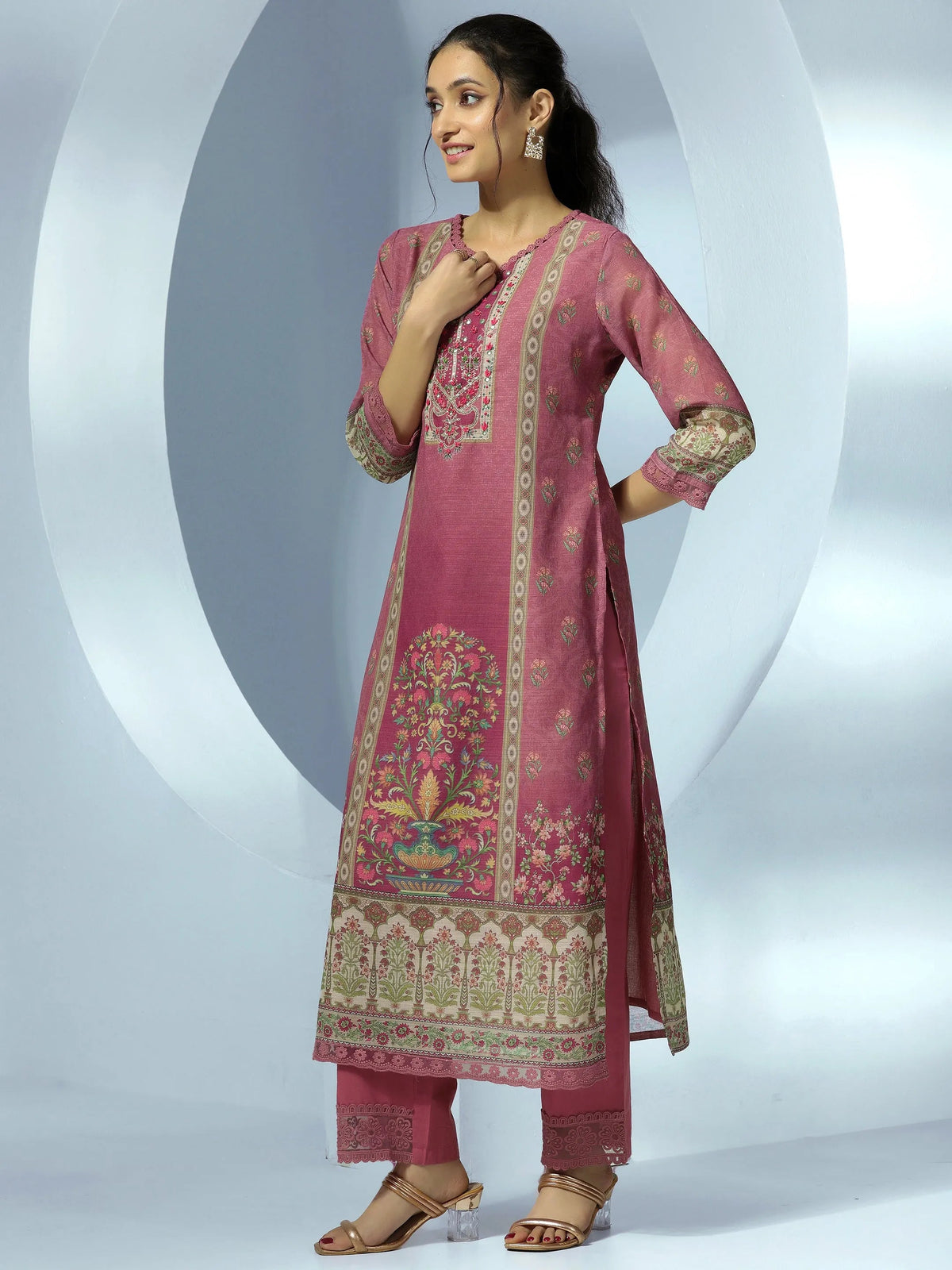 Anouk Mauve Printed Cotton Blend Straight Suit With Dupatta