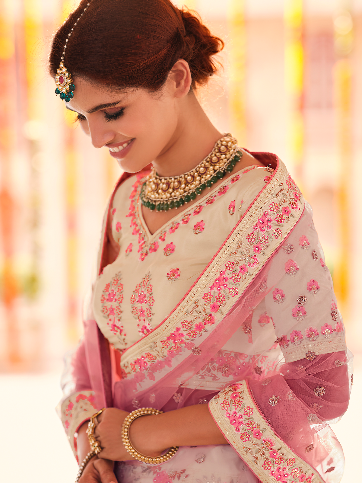 Beige Embroidered Crepe Semi Stitched Lehenga With Unstitched Blouse