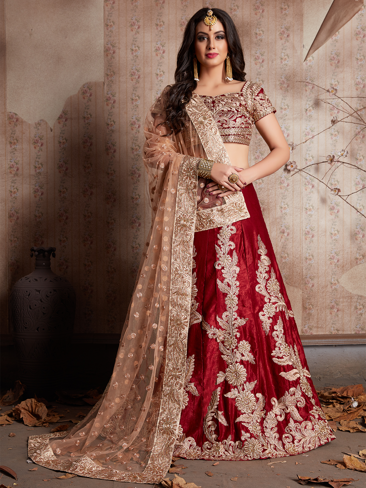 Maroon Embroidered Semi Stitched Lehenga With Unstitched Blouse