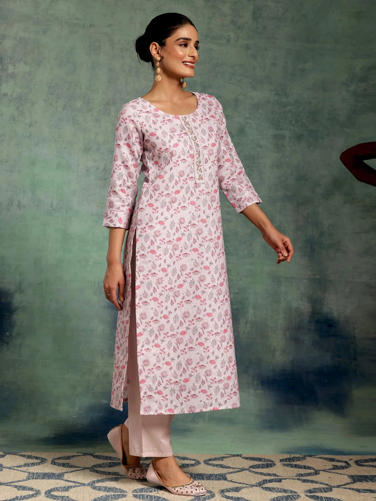 Anouk Lilac Printed Cotton Straight Suit With Dupatta