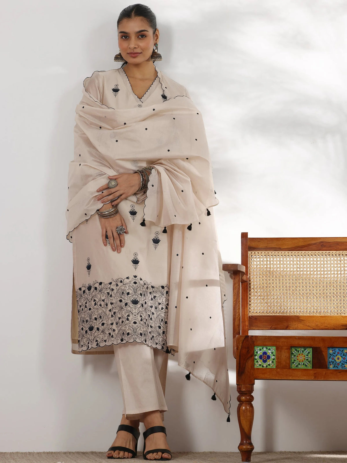 Anouk Beige Embroidered Chanderi Silk Straight Suit With Dupatta