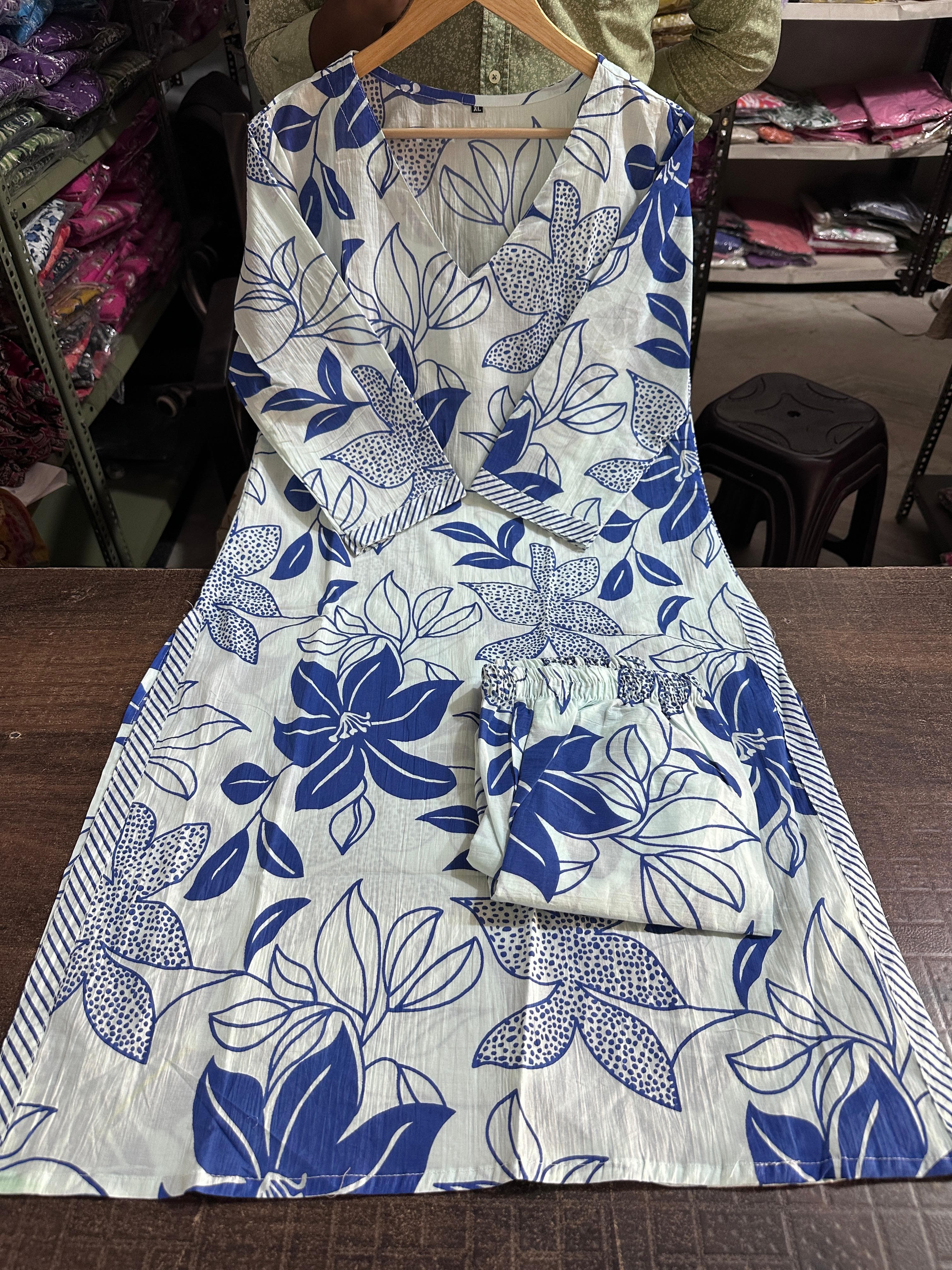 Floral Cotton Kurta Pant Palazzo Set | 60*60 Cotton, 46" Kurta, 37" Pant