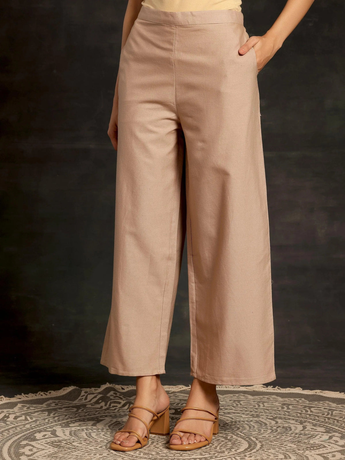 Anouk Beige Solid Cotton Wide Leg Palazzos