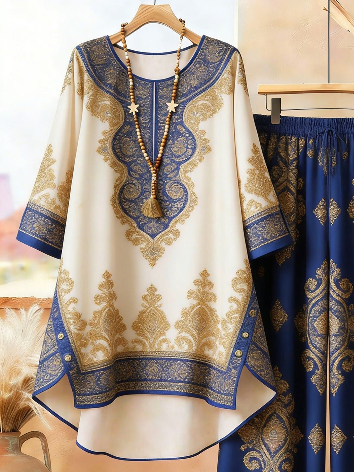 Featuring Persian Floral Print Design, Crew Neck, Dipped Hem, Suitable for Everyday Casual Wear, Comfortable and Stylish