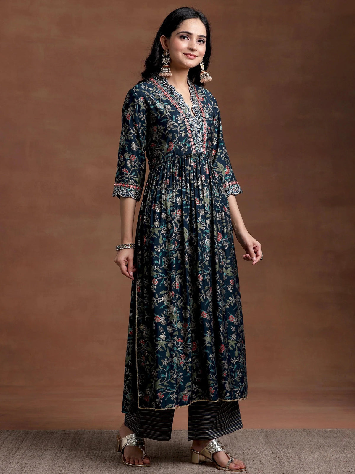 Anouk Blue Printed Silk Blend A-Line Kurta With Palazzos & Dupatta