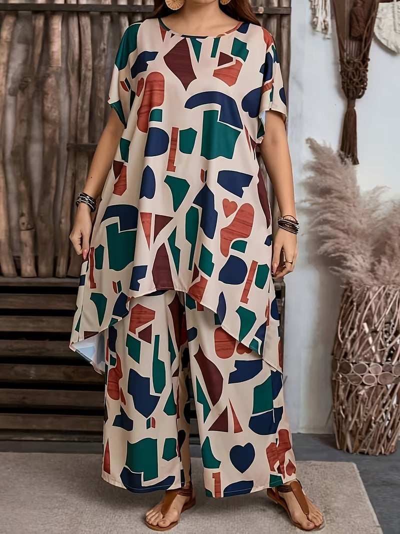Women’s Geometric Print Top & High-Waist Wide-Leg Pants Co-Ord Set