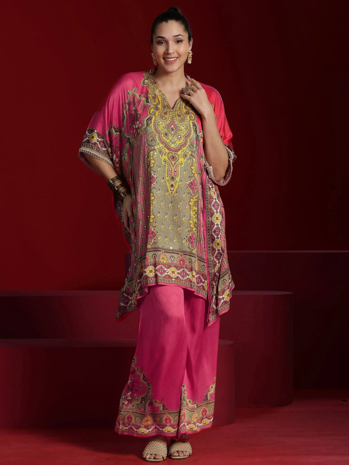 Anouk Art Coral Printed Silk Blend Kaftan Kurta With Palazzos